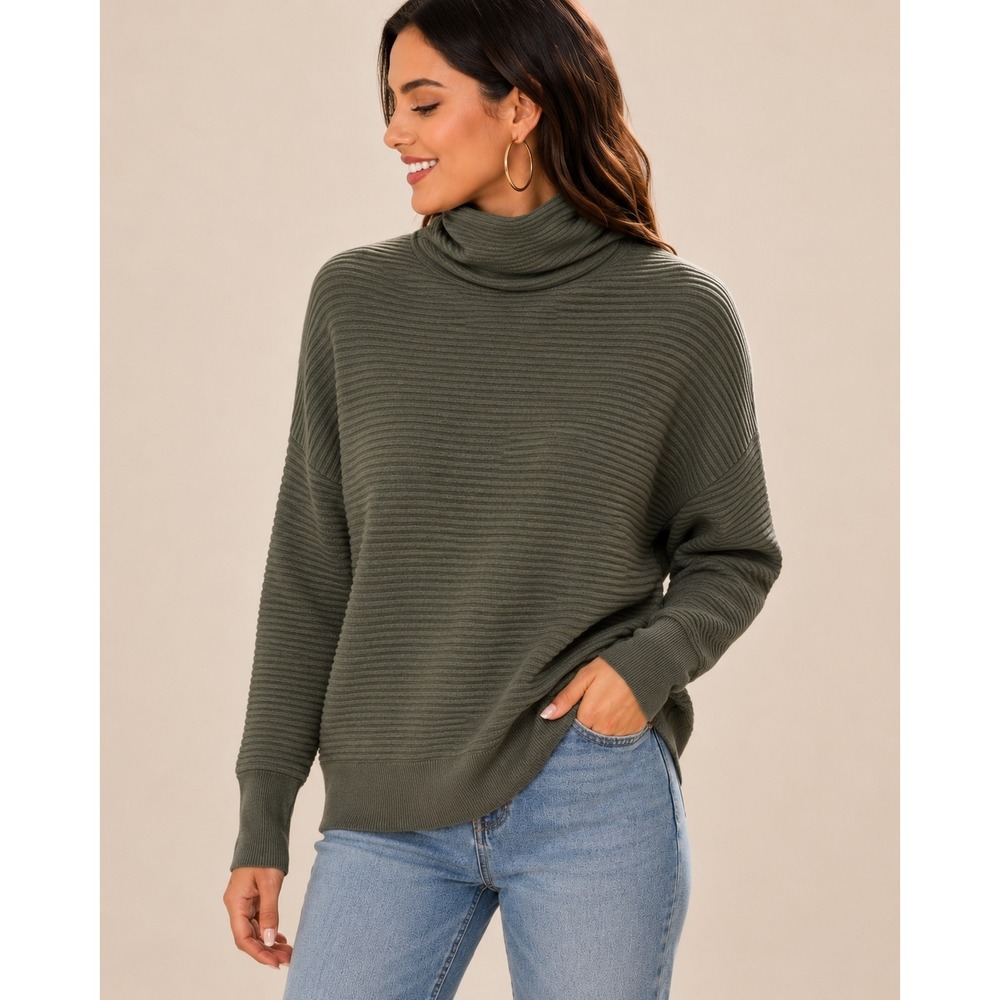 Womens Green Textured Turtleneck Sweater Long Sleeve Size L